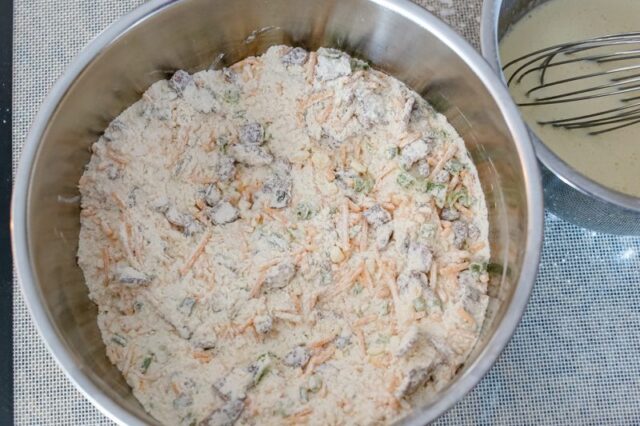 prep for bacon cheddar scones; the bowl of dry mixture is ready to be combined with the wet.