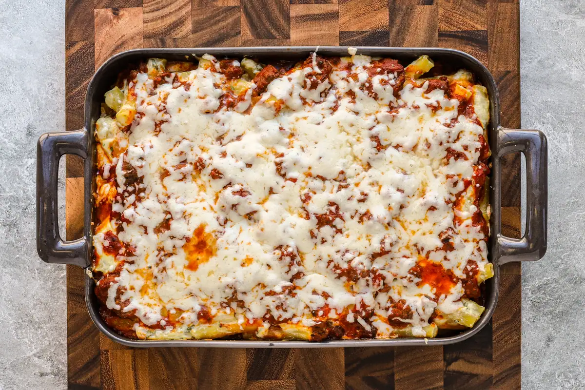 Baked ziti with the mozzarella cheese topping.