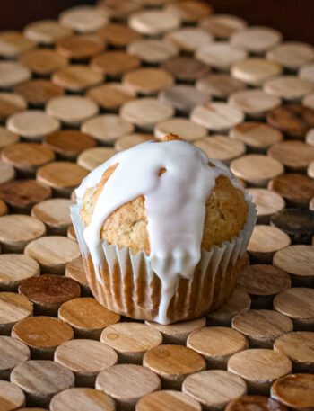 a banana cupcake with a drizzle of icing