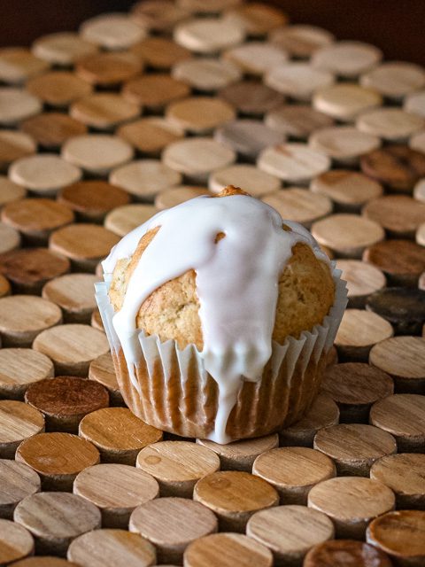 a banana cupcake with a drizzle of icing