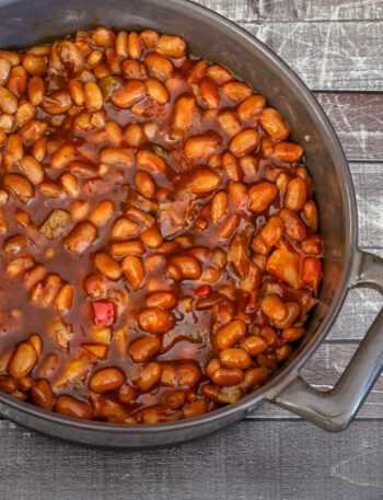 A pot of barbecued baked beans