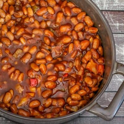 A pot of barbecued baked beans