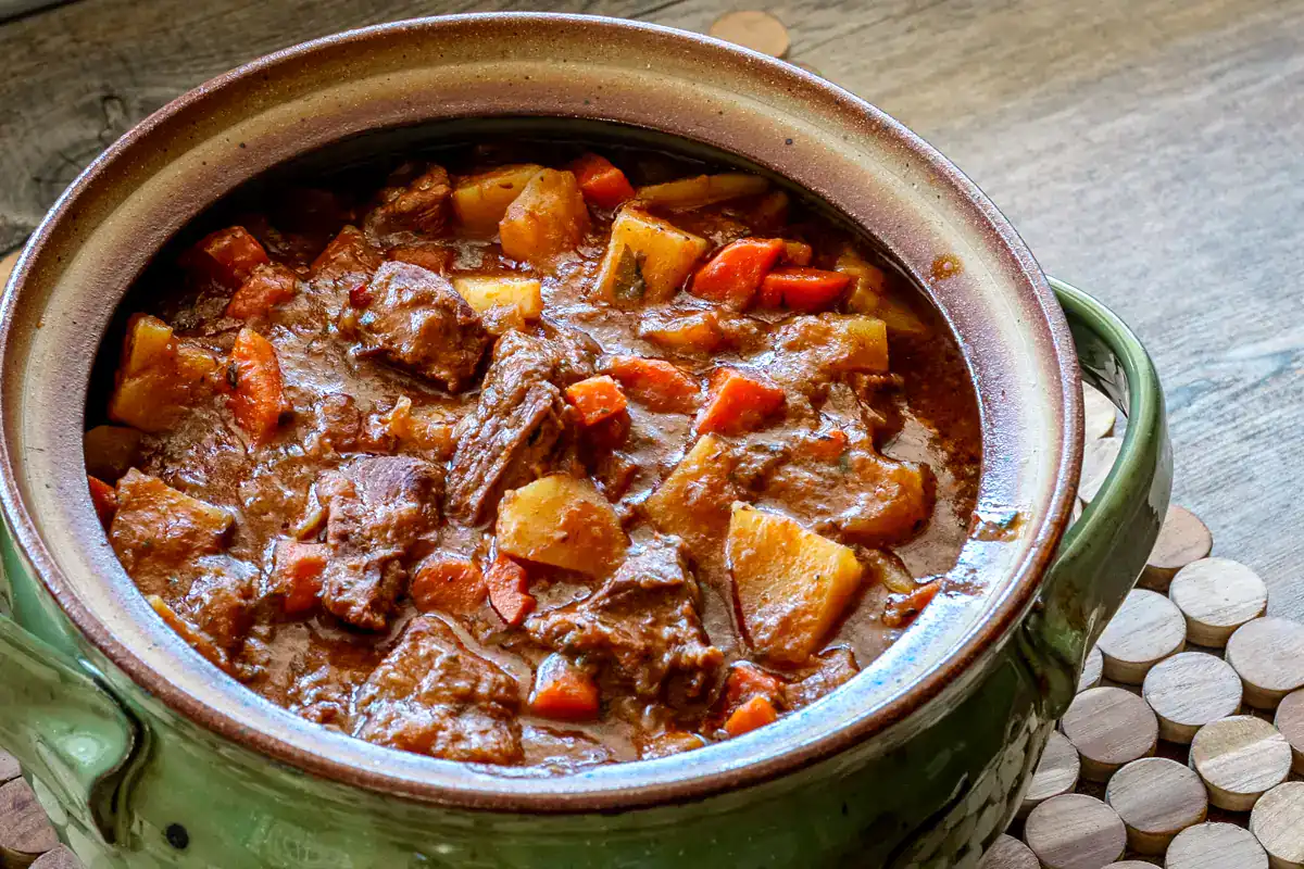 Beef and Guinness stew in a large  pottery casserole.