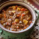 Hearty beef stew with potatoes and carrots in a rustic pot.