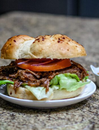 barbecue beef sandwich on a small plate with barbecue sauce on the side.