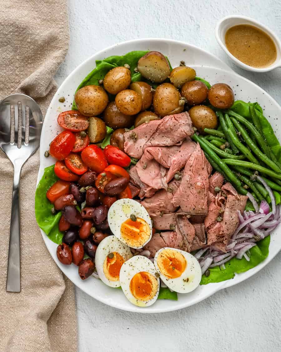 A unique nicoise salad made with roast beef instead of tuna.