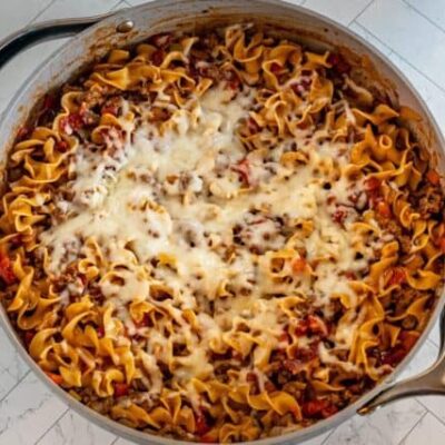 beef and noodle skillet in the pan