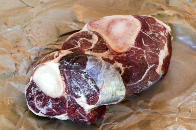 Beef shanks on butcher's paper.