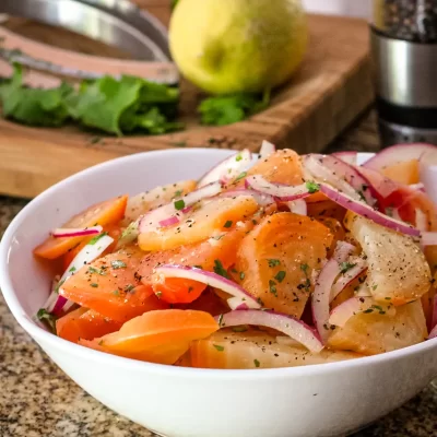 Freshly prepared carrot and onion salad in a white bowl.