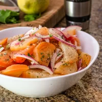 Sliced heirloom tomatoes with red onions and herbs in a white bowl.