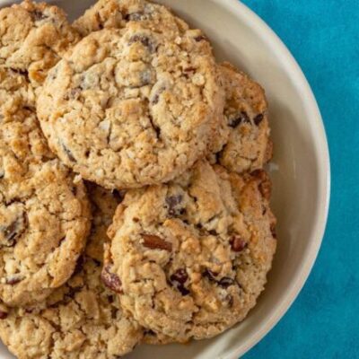 cowboy cookies in a bowl, overhead