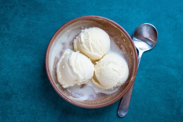 3 scoops of gelato in a bowl with a spoon