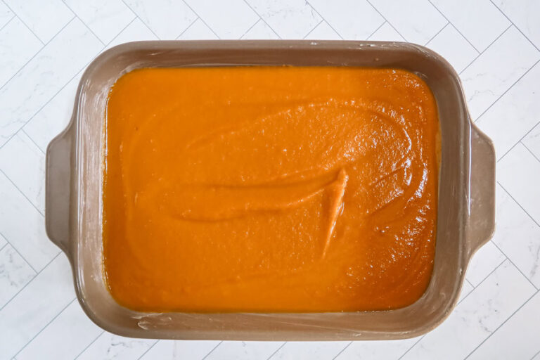 Sweet potato mixture in the baking dish.