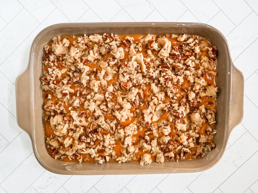 Sweet potato casserole ready to bake.