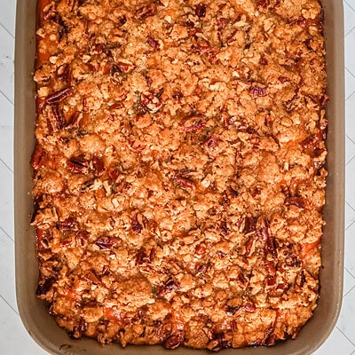 A sweet potato casserole in the baking dish