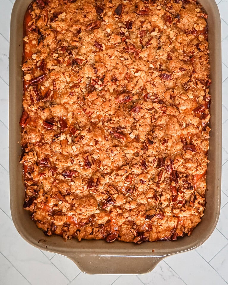 A sweet potato casserole in the baking dish