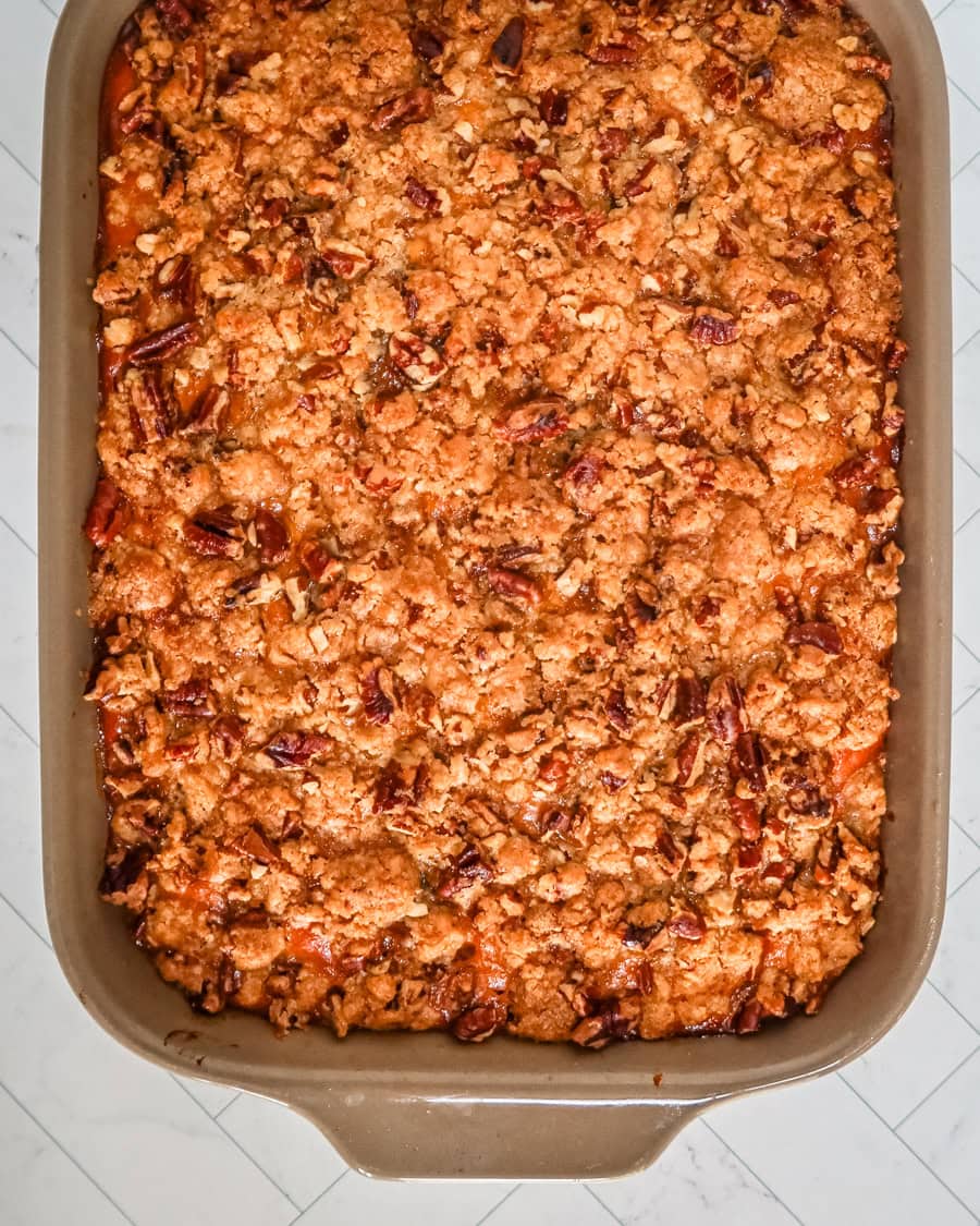 A sweet potato casserole in the baking dish