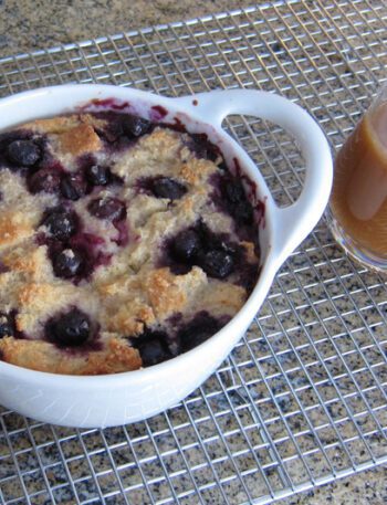 blueberry bread pudding in a baking dish