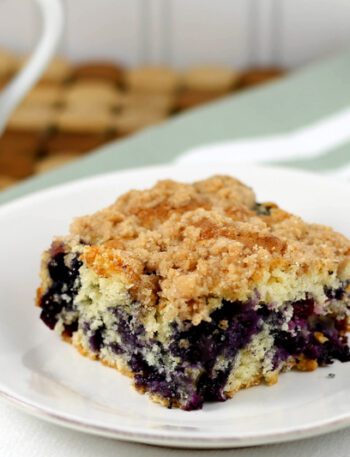 blueberry buckle coffee cake on a plate