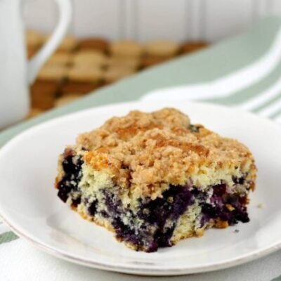 blueberry buckle coffee cake on a plate