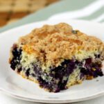 blueberry buckle cake on a plate