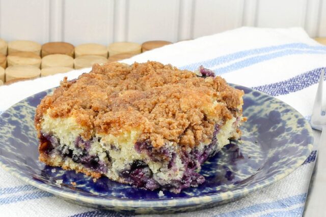 closeup of blueberry buckle cake