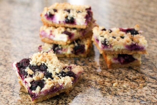 blueberry cheesecake bars stacked