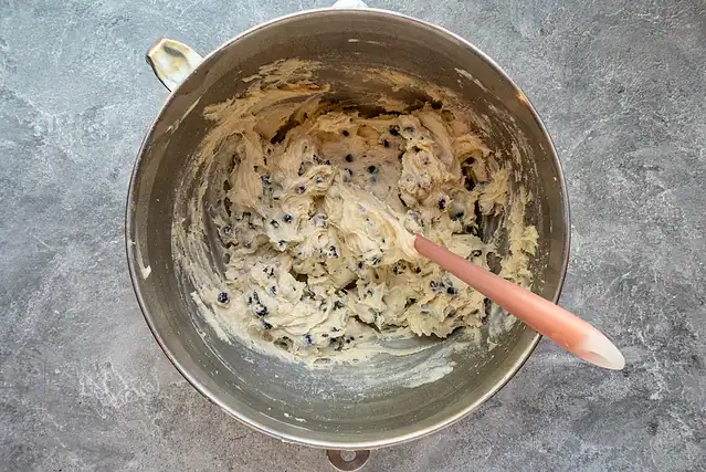 Prepare the batter for the blueberry crumb cake: adding wild blueberries.
