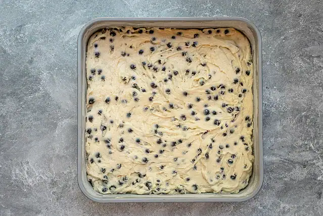 Spread the blueberry crumb cake batter in the baking pan.