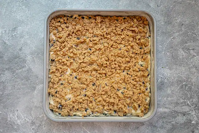 Blueberry crumb cake batter is topped with a brown sugar crumble topping.