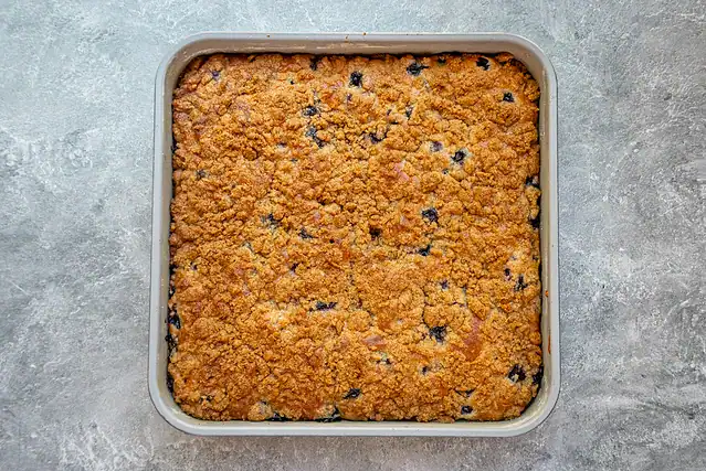Baked blueberry crumb cake.
