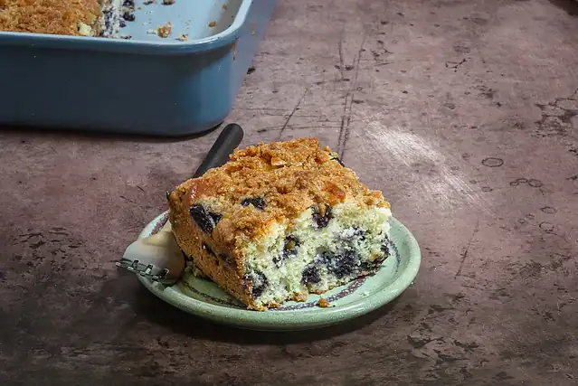 A slice of blueberry crumb cake on a small dessert plate.
