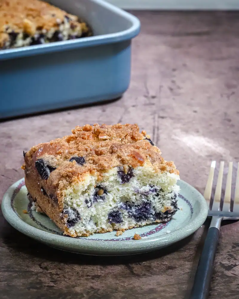 Golden blueberry crumb cake slice on a small plate.