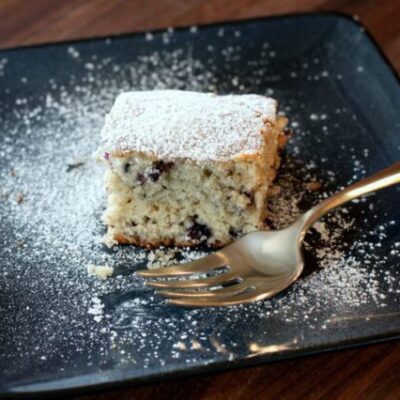 blueberry snack cake with powdered sugar topping on a plate