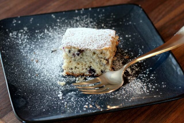 blueberry snack cake with powdered sugar topping on a plate