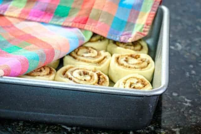cinnamon rolls in the pan just before baking