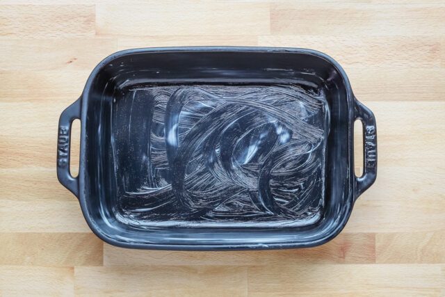 Buttered baking dish for brioche dressing.