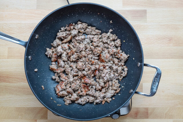 Browning sausage for a brioche stuffing recipe.