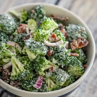 Creamy broccoli salad with red onion and bacon bits.
