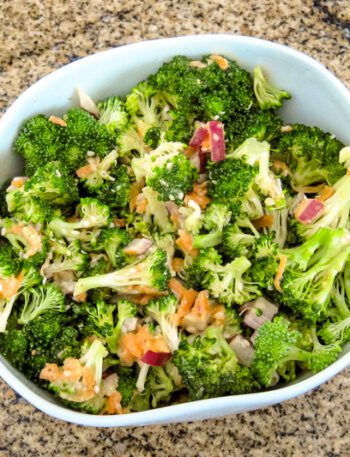 Broccoli salad with miso dressing and sesame seeds.