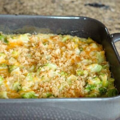 broccoli rice casserole in a baking dish
