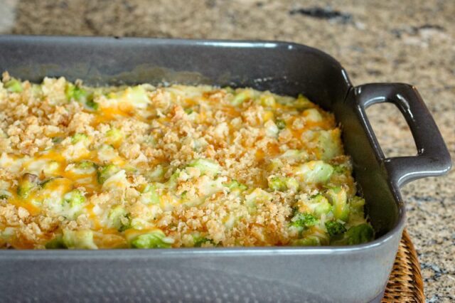 broccoli rice casserole in a baking dish