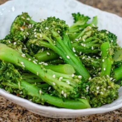 sesame broccoli in a serving bowl