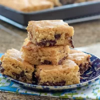 Fudgy chocolate chip cookie bars on a decorative plate.
