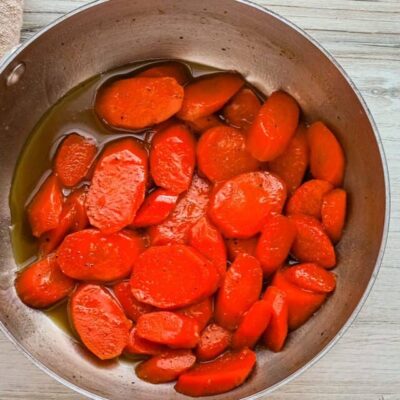 Delicious brown sugar glazed carrots in the pan.