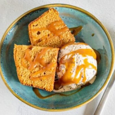 sliced brown sugar pound cake with caramel drizzle