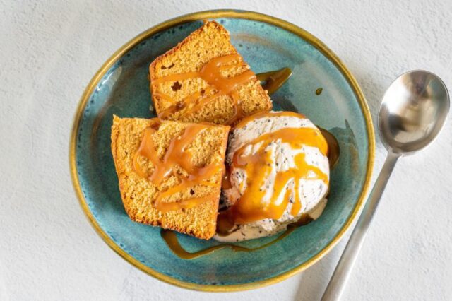 sliced brown sugar pound cake with caramel drizzle