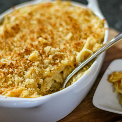 pasta and cheese casserole in a baking dish
