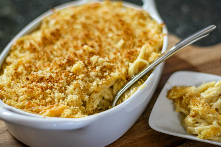 pasta and cheese casserole in a baking dish