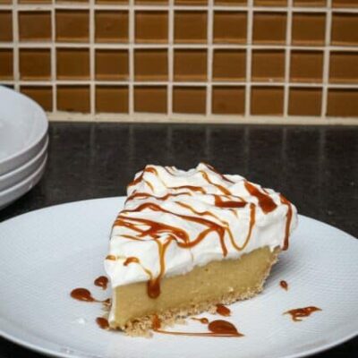dessert plate with a slice of butterscotch pie